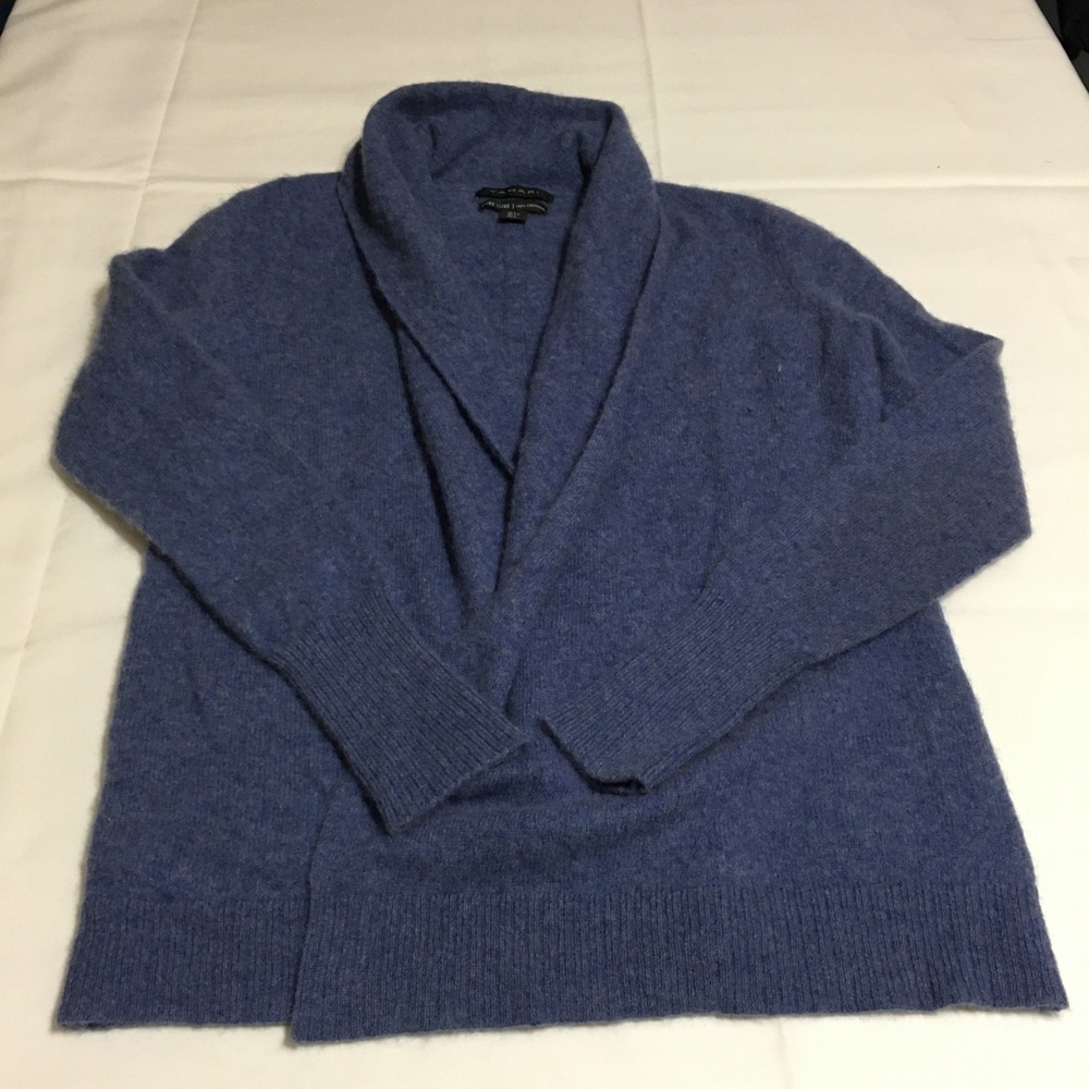 Tahari Cardigan Sweater Womens Large Blue Open Front Pure Luxe Cashmere